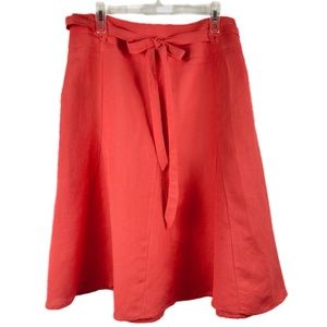 Coral Tie And Yoke Waist Flare Linen Blend Skirt